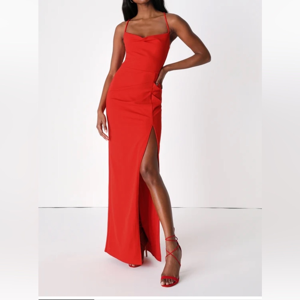 Lulus Romantic Thoughts Red Cowl Neck Lace-Up Maxi Dress